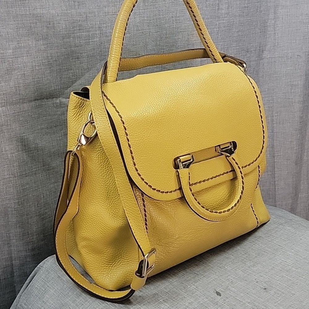 PLINIO VISONA Italy Women's Mustard Yellow Pebble Leather Crossbody Shoulder bag